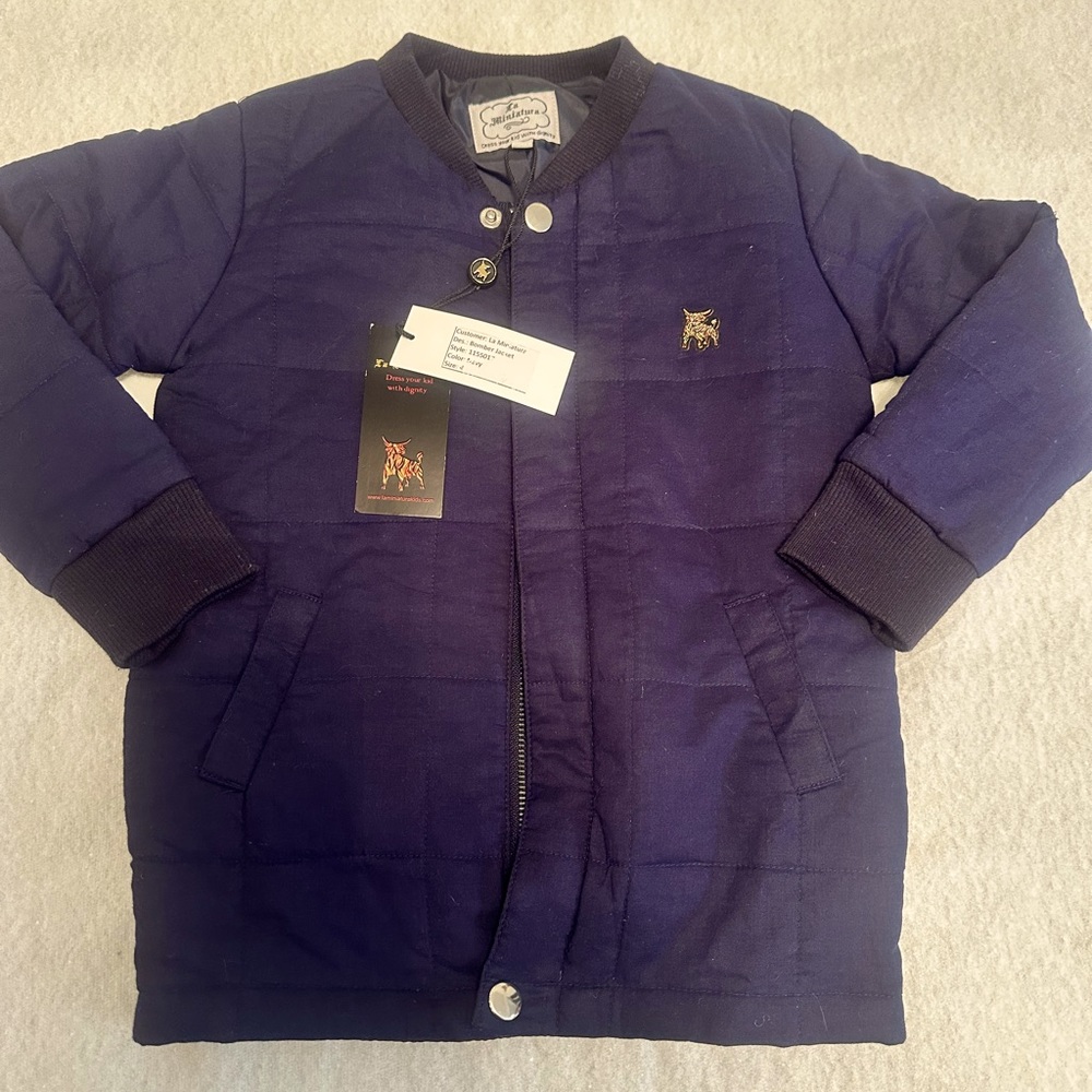 Brand new with tags, La Miniatura boys cotton mini bomber jacket. Size 4.